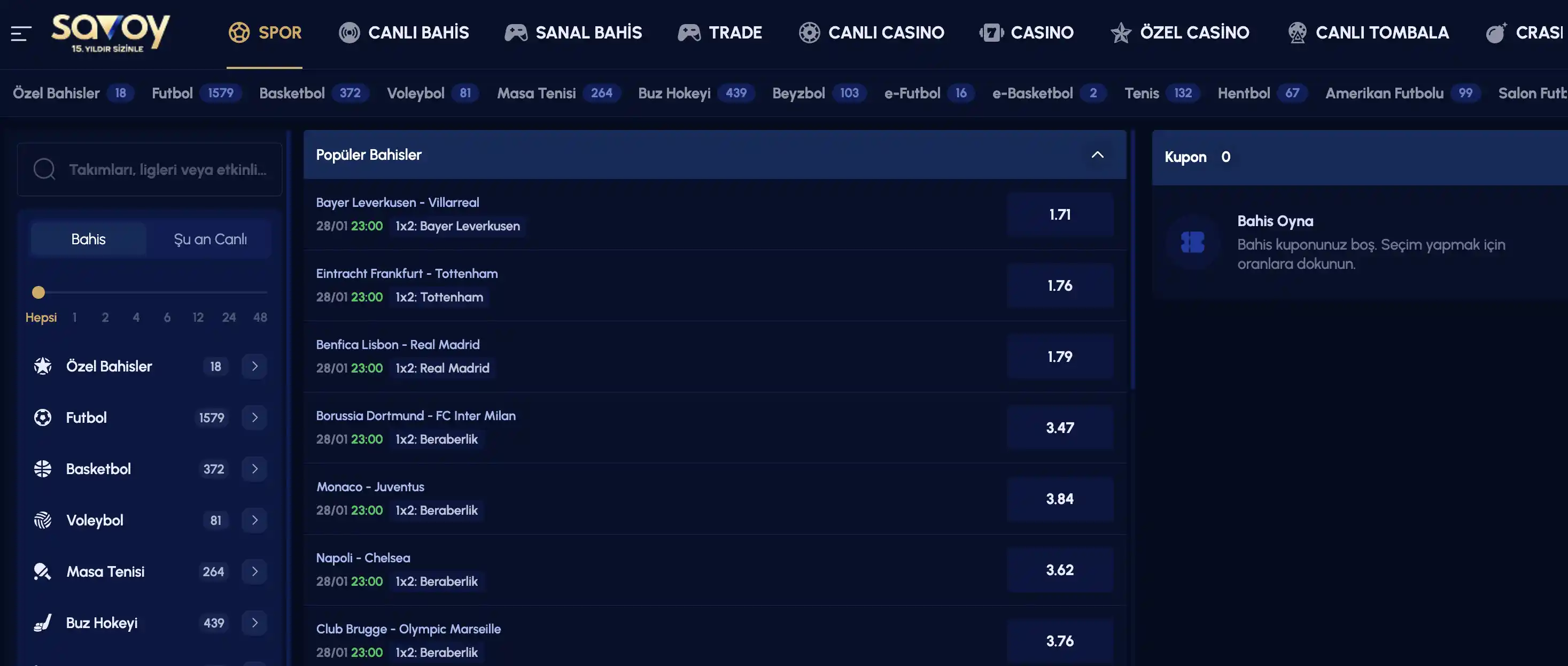 Savoy Betting spor bahisleri popüler bahisler listesi ekran görüntüsü